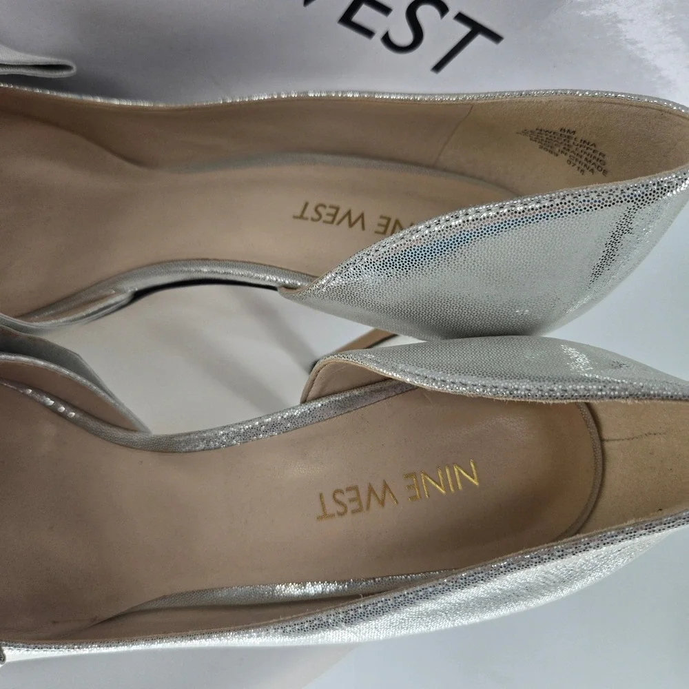 Nine West Edlina Silver Metallic Bow D'Orsay Pointed Toe Stiletto Pumps Heels 8M